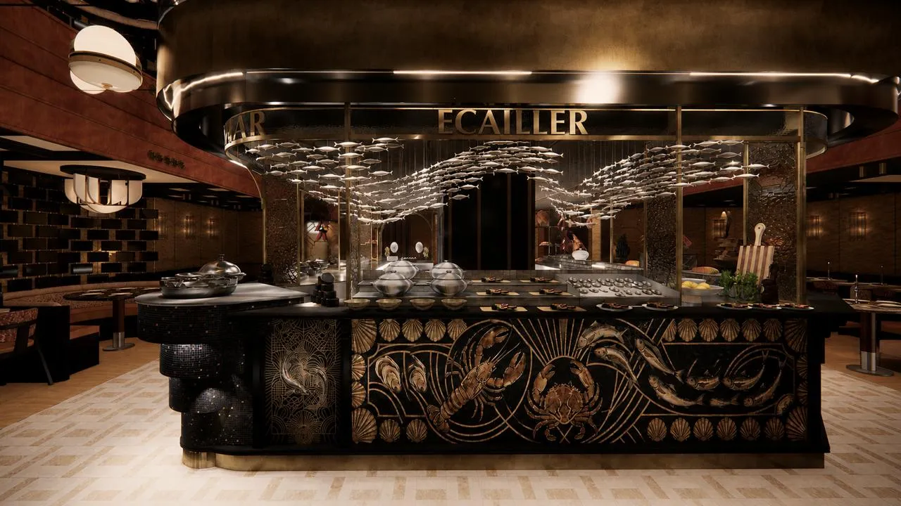 Le Banquet : comptoir de l’écailler en laiton et banc de poissons suspendu
