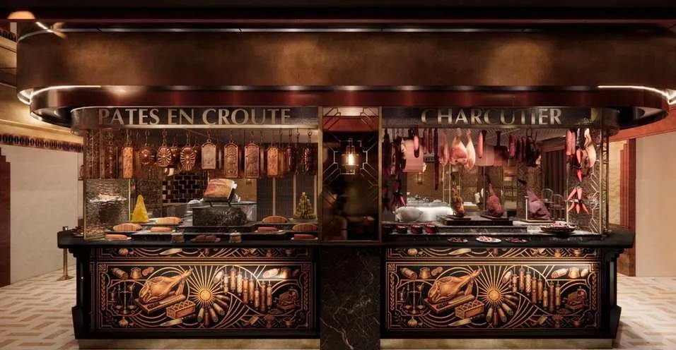 Banquet de la charcuterie : comptoir ouvragé et salaisons suspendues