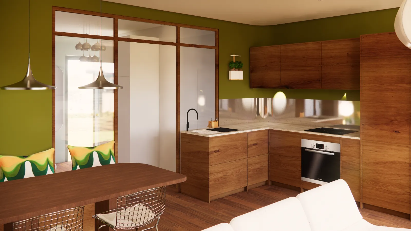 Maison Côte Atlantique : cuisine en bois, murs vert olive et verrière