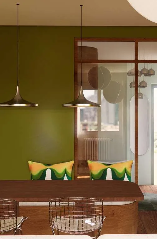 Salle à manger, banquette et coussins aux motifs verts