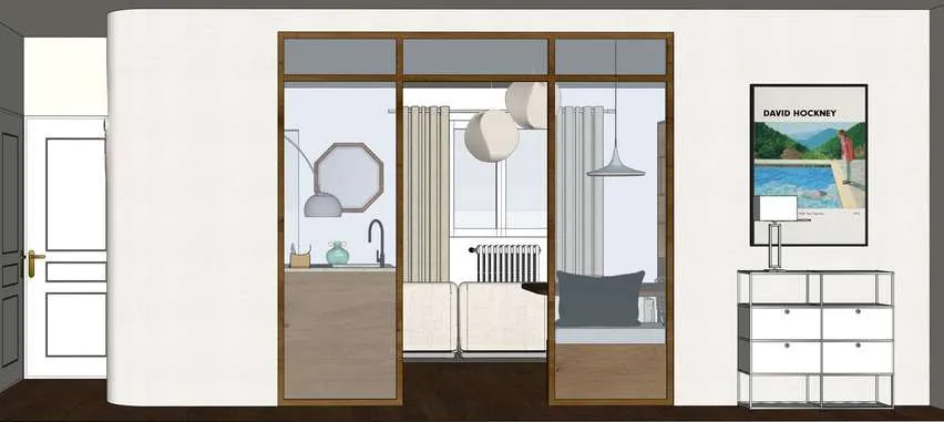 Verrière intérieure en bois, commode blanche et affiche
