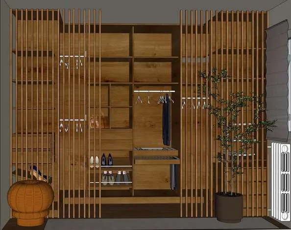 Dressing en tasseaux de bois, plante et jarre en terre cuite