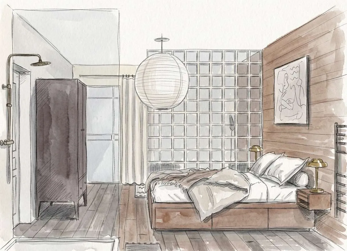 Croquis de la chambre : perspective à la main, mise en ombre et couleur