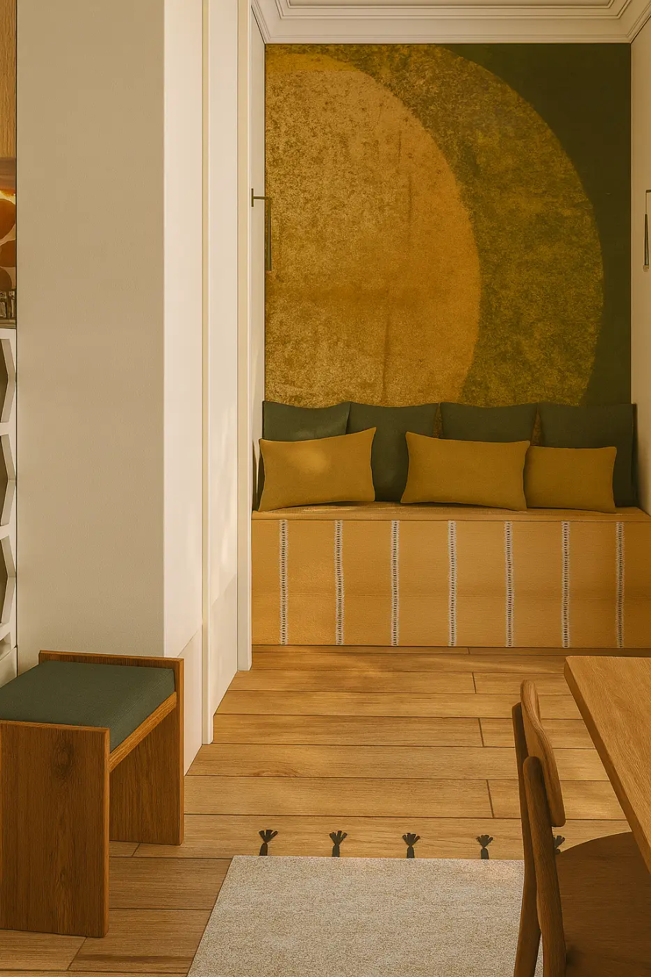 Studio parisien : alcôve à banquette, coussins moutarde et fresque murale